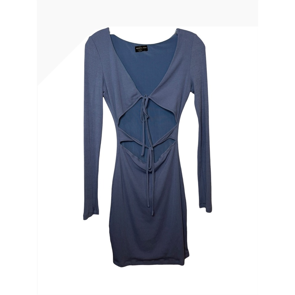 White Fox Boutique Dusty Blue Ribbed Cut Out Tie Front Long Sleeve Mini Dress M